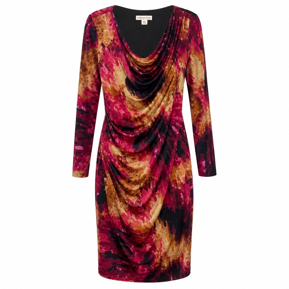 Coldwater Creek Boho Chic Cowl Neck Dress Women 4 Abstract Art Print Statement